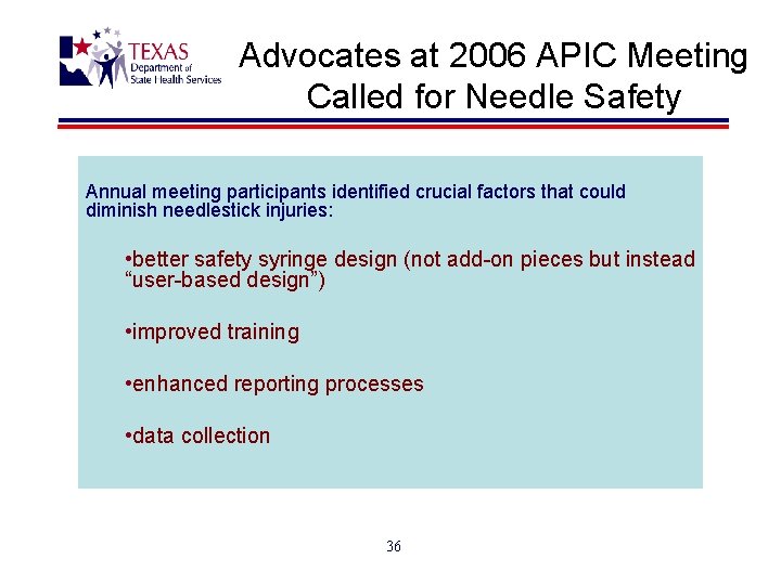 Advocates at 2006 APIC Meeting Called for Needle Safety Annual meeting participants identified crucial