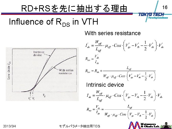 RD+RSを先に抽出する理由 Influence of RDS in VTH With series resistance Intrinsic device 2013/3/4 モデルパラメータ抽出用ＴＥＧ 16