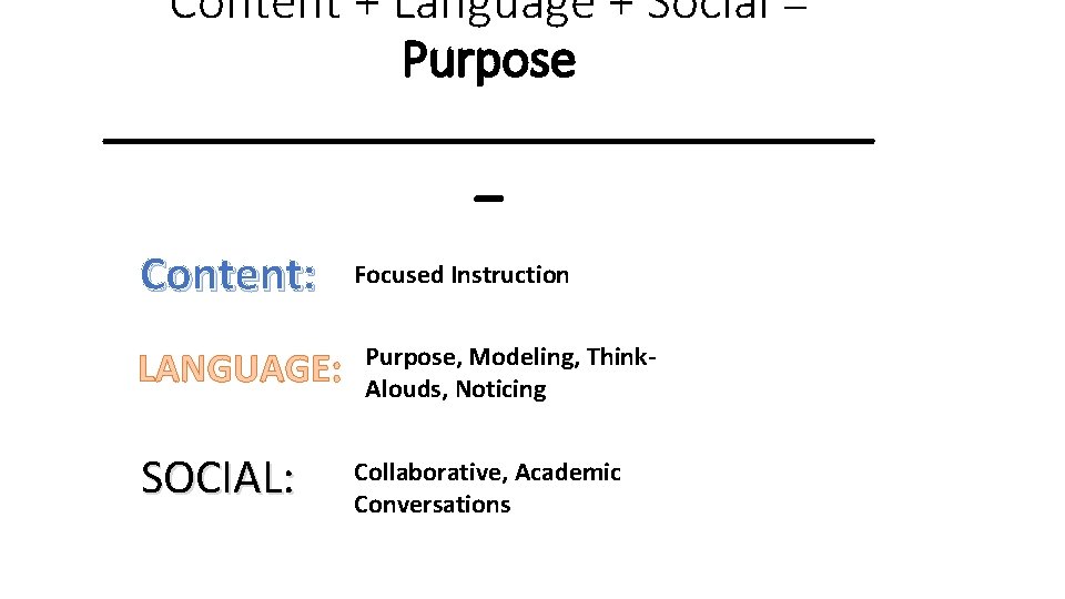 Content + Language + Social = Purpose _______________ _ Content: LANGUAGE: SOCIAL: Focused Instruction