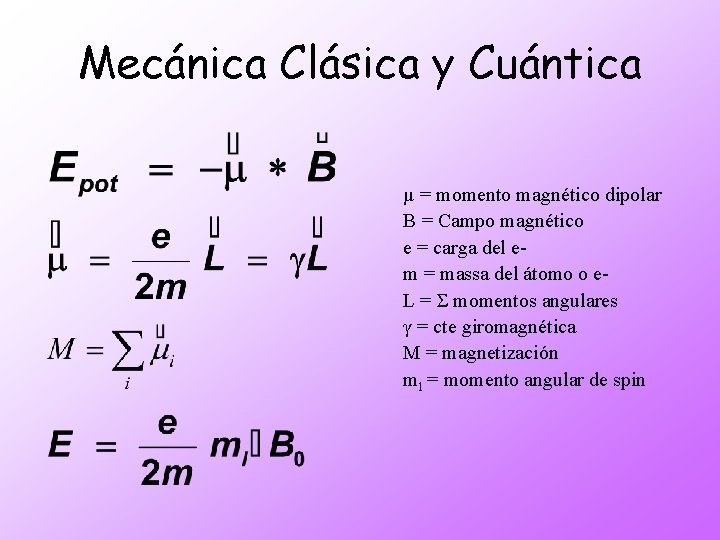 Mecánica Clásica y Cuántica µ = momento magnético dipolar B = Campo magnético e