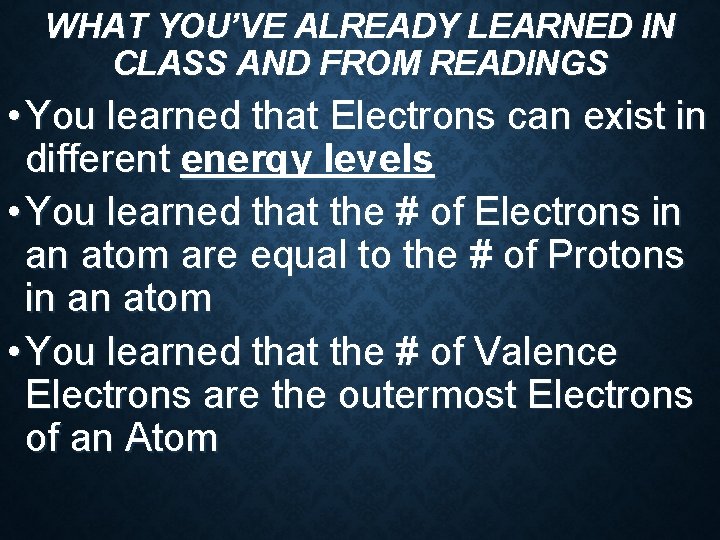 WHAT YOU’VE ALREADY LEARNED IN CLASS AND FROM READINGS • You learned that Electrons WHAT YOU’VE ALREADY LEARNED IN CLASS AND FROM READINGS • You learned that Electrons