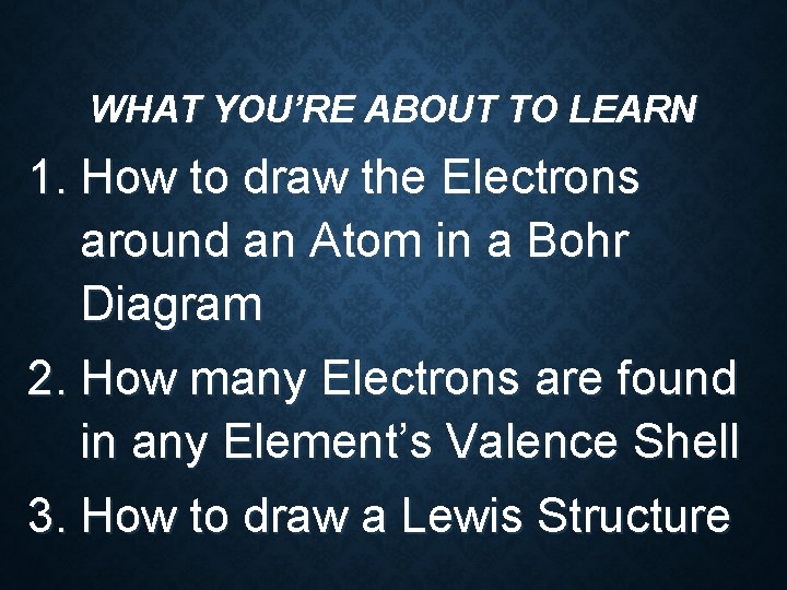 WHAT YOU’RE ABOUT TO LEARN 1. How to draw the Electrons around an Atom WHAT YOU’RE ABOUT TO LEARN 1. How to draw the Electrons around an Atom