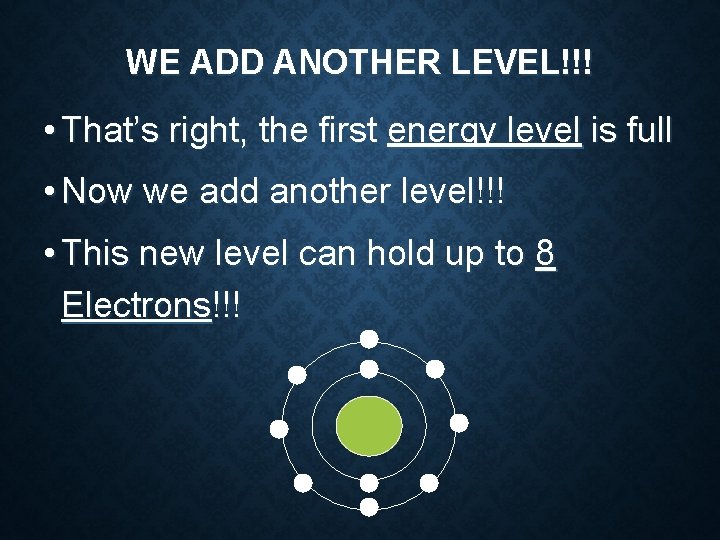 WE ADD ANOTHER LEVEL!!! • That’s right, the first energy level is full • WE ADD ANOTHER LEVEL!!! • That’s right, the first energy level is full •