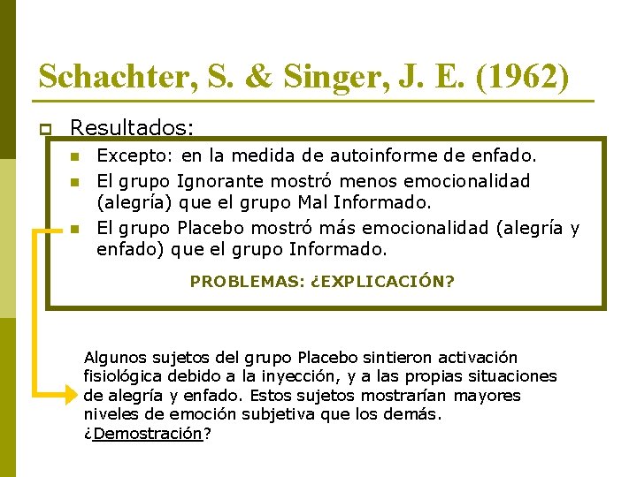Schachter, S. & Singer, J. E. (1962) p Resultados: n n n Excepto: en