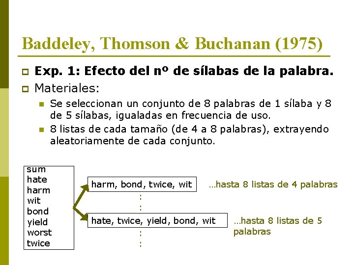 Baddeley, Thomson & Buchanan (1975) p p Exp. 1: Efecto del nº de sílabas