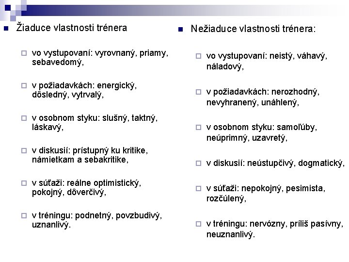 n Žiaduce vlastnosti trénera Nežiaduce vlastnosti trénera: ¨ vo vystupovaní: vyrovnaný, priamy, sebavedomý, ¨