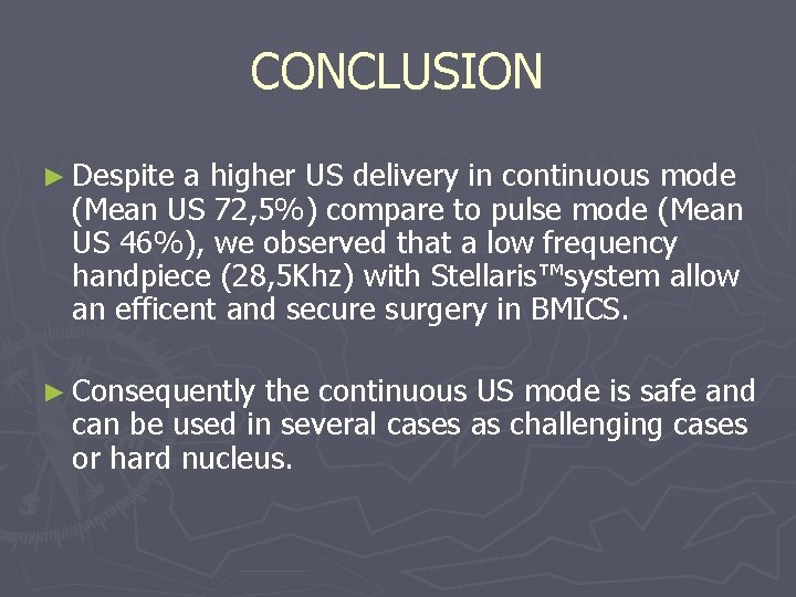 CONCLUSION ► Despite a higher US delivery in continuous mode (Mean US 72, 5%)