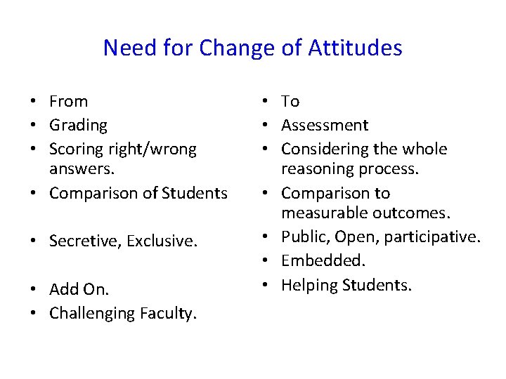 Need for Change of Attitudes • From • Grading • Scoring right/wrong answers. •