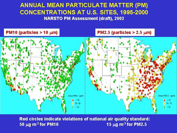 ANNUAL MEAN PARTICULATE MATTER (PM) CONCENTRATIONS AT U. S. SITES, 1995 -2000 NARSTO PM