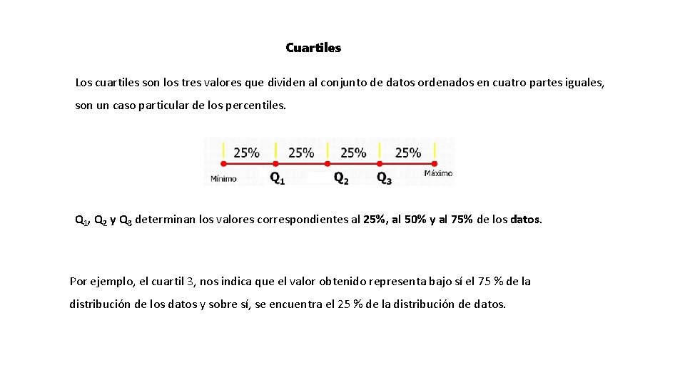Cuartiles Los cuartiles son los tres valores que dividen al conjunto de datos ordenados
