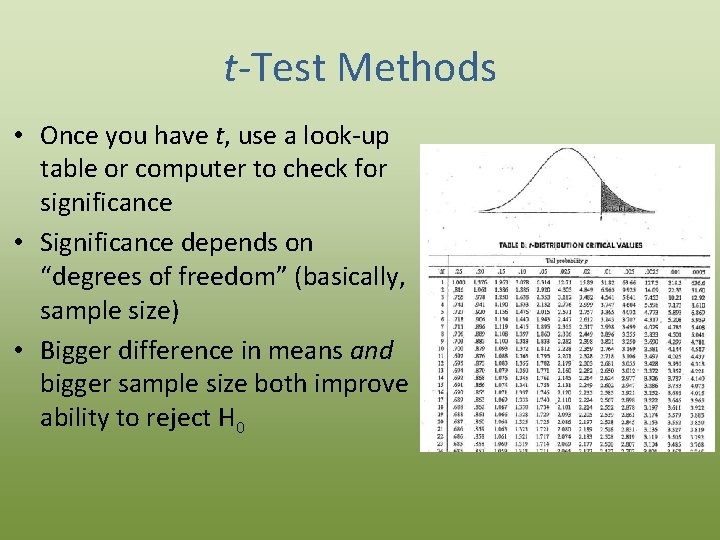 t-Test Methods • Once you have t, use a look-up table or computer to