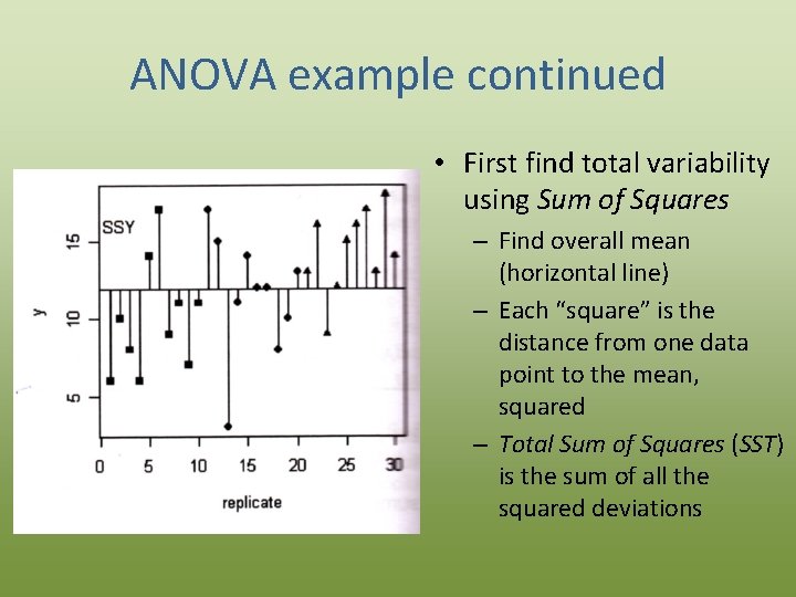 ANOVA example continued • First find total variability using Sum of Squares – Find