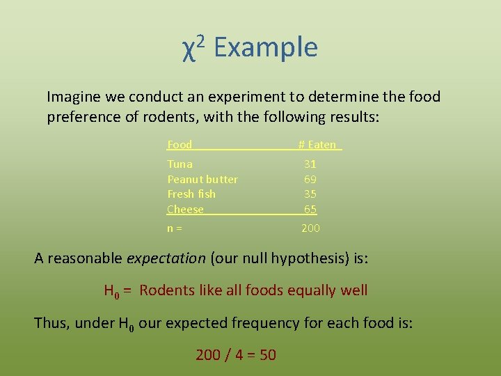 χ2 Example Imagine we conduct an experiment to determine the food preference of rodents,