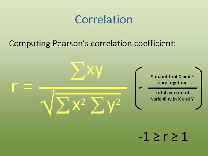 Correlation Computing Pearson’s correlation coefficient: r= xy S x ÖS 2 y S ≈