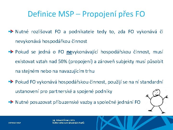 Definice MSP – Propojení přes FO Nutné rozlišovat FO a podnikatele tedy to, zda