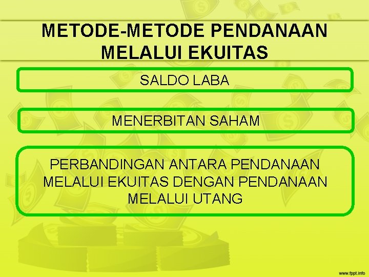 METODE-METODE PENDANAAN MELALUI EKUITAS SALDO LABA MENERBITAN SAHAM PERBANDINGAN ANTARA PENDANAAN MELALUI EKUITAS DENGAN METODE-METODE PENDANAAN MELALUI EKUITAS SALDO LABA MENERBITAN SAHAM PERBANDINGAN ANTARA PENDANAAN MELALUI EKUITAS DENGAN