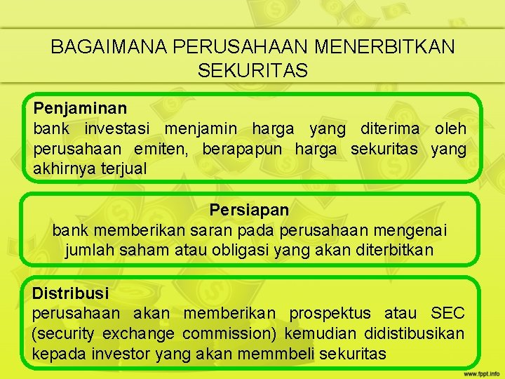 BAGAIMANA PERUSAHAAN MENERBITKAN SEKURITAS Penjaminan bank investasi menjamin harga yang diterima oleh perusahaan emiten, BAGAIMANA PERUSAHAAN MENERBITKAN SEKURITAS Penjaminan bank investasi menjamin harga yang diterima oleh perusahaan emiten,