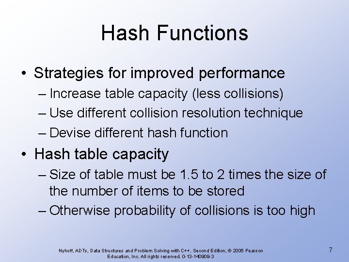 Hash Functions • Strategies for improved performance – Increase table capacity (less collisions) –