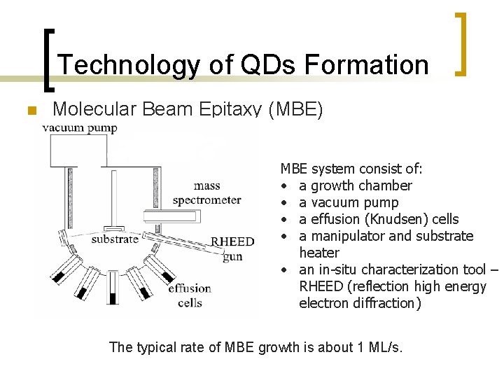 Technology of QDs Formation n Molecular Beam Epitaxy (MBE) MBE system consist of: •