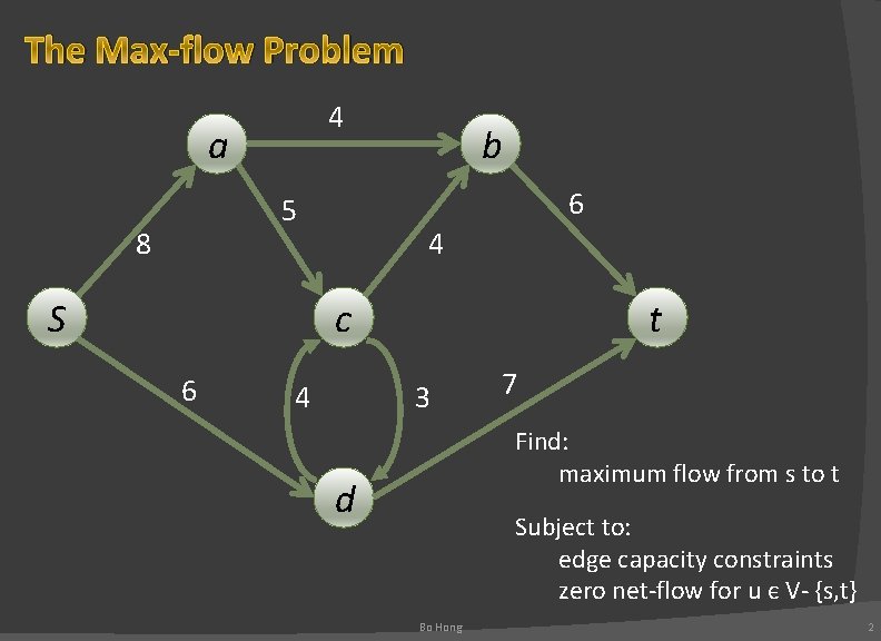 The Max-flow Problem 4 a 6 5 8 S b 4 c 6 4