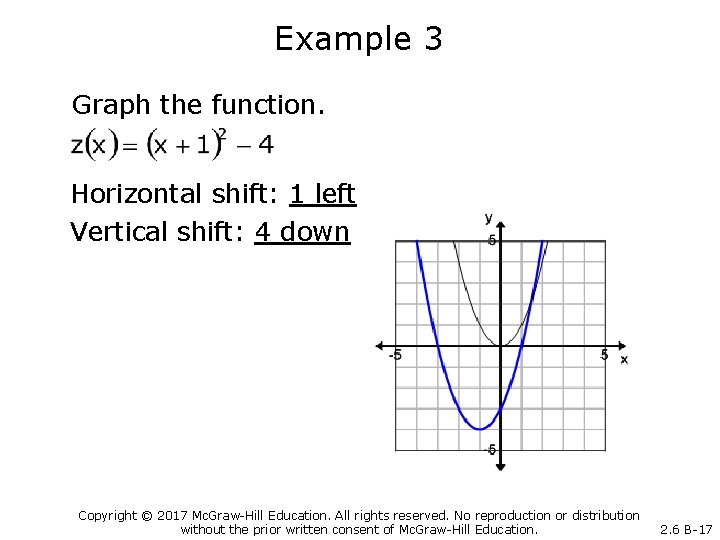 Example 3 Graph the function. Horizontal shift: 1 left Vertical shift: 4 down Copyright