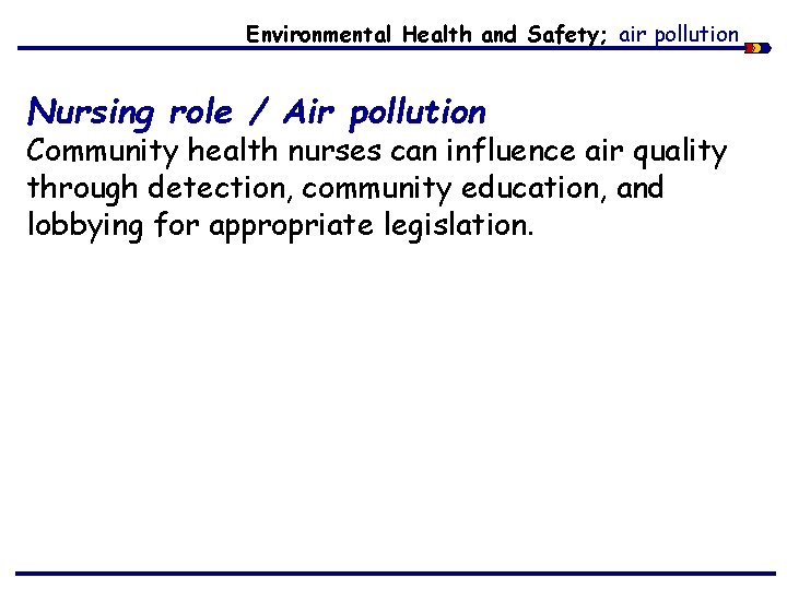 Environmental Health and Safety; air pollution Nursing role / Air pollution Community health nurses