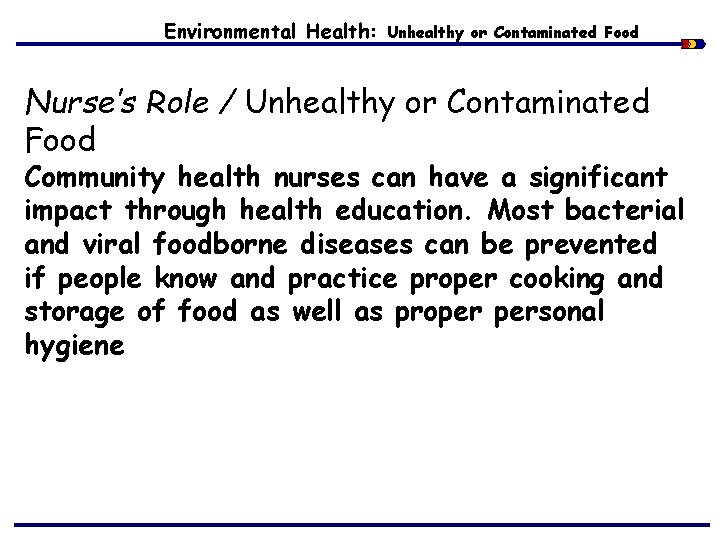 Environmental Health: Unhealthy or Contaminated Food Nurse’s Role / Unhealthy or Contaminated Food Community