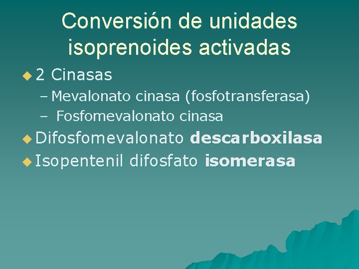 Conversión de unidades isoprenoides activadas u 2 Cinasas – Mevalonato cinasa (fosfotransferasa) – Fosfomevalonato