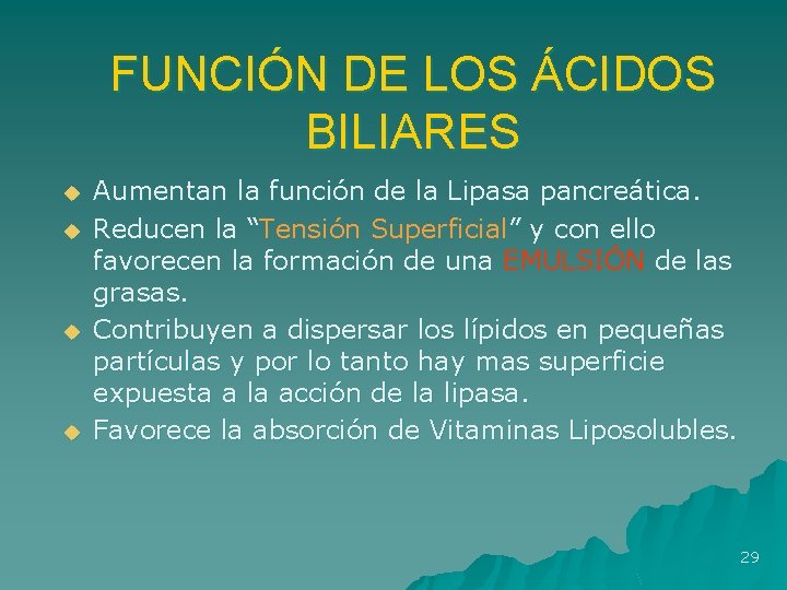FUNCIÓN DE LOS ÁCIDOS BILIARES u u Aumentan la función de la Lipasa pancreática.