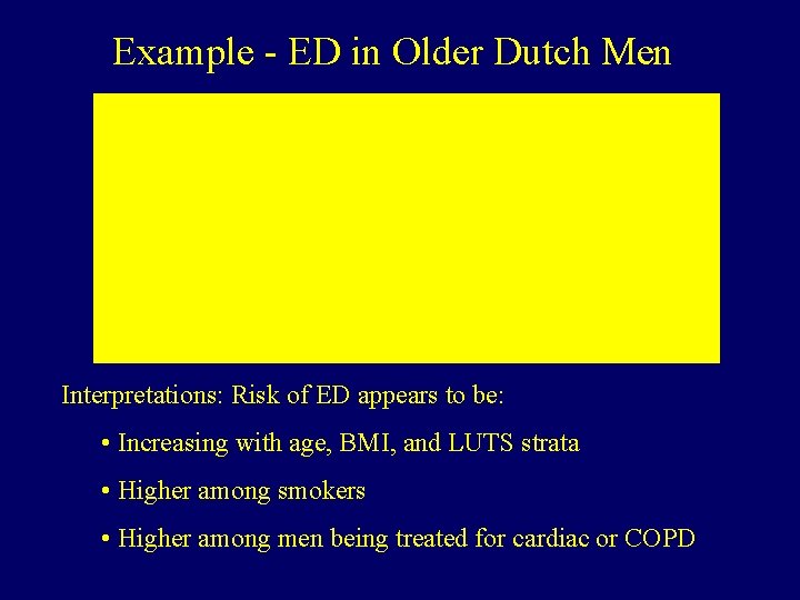 Example - ED in Older Dutch Men Interpretations: Risk of ED appears to be: