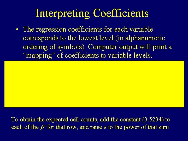 Interpreting Coefficients • The regression coefficients for each variable corresponds to the lowest level