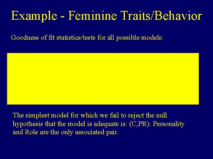 Example - Feminine Traits/Behavior Goodness of fit statistics/tests for all possible models: The simplest