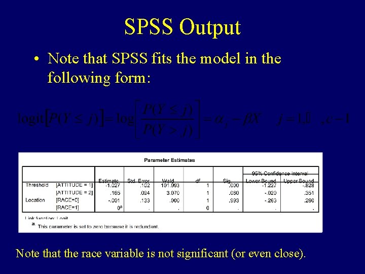 SPSS Output • Note that SPSS fits the model in the following form: Note