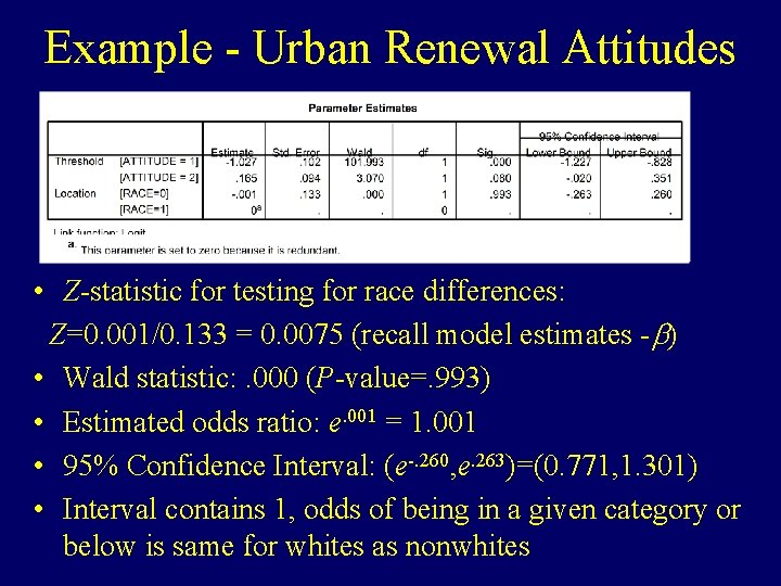 Example - Urban Renewal Attitudes • Z-statistic for testing for race differences: Z=0. 001/0.