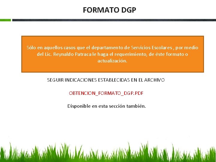 FORMATO DGP Sólo en aquellos casos que el departamento de Servicios Escolares , por