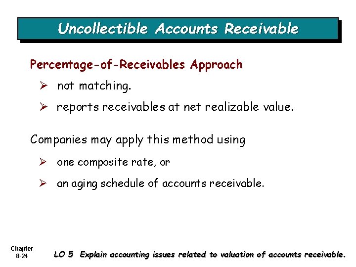 Uncollectible Accounts Receivable Percentage-of-Receivables Approach Ø not matching. Ø reports receivables at net realizable