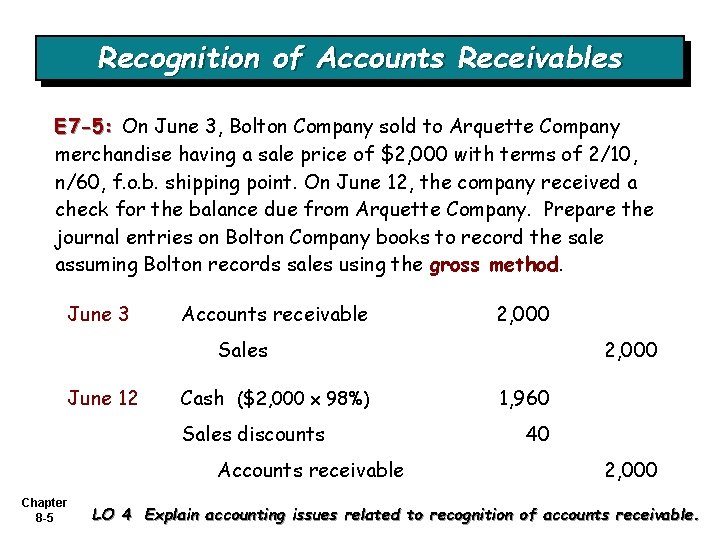 Recognition of Accounts Receivables E 7 -5: On June 3, Bolton Company sold to