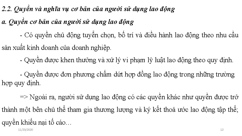 2. 2. Quyền và nghĩa vụ cơ bản của người sử dụng lao động
