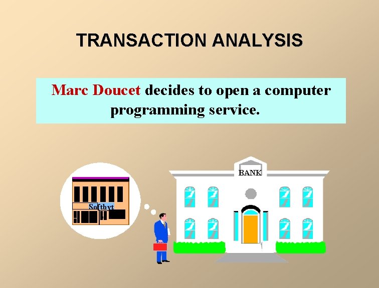 TRANSACTION ANALYSIS Marc Doucet decides to open a computer programming service. BANK Softbyt e