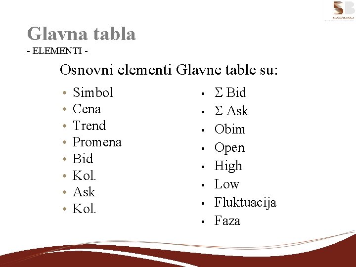 Glavna tabla - ELEMENTI - Osnovni elementi Glavne table su: • • Simbol Cena