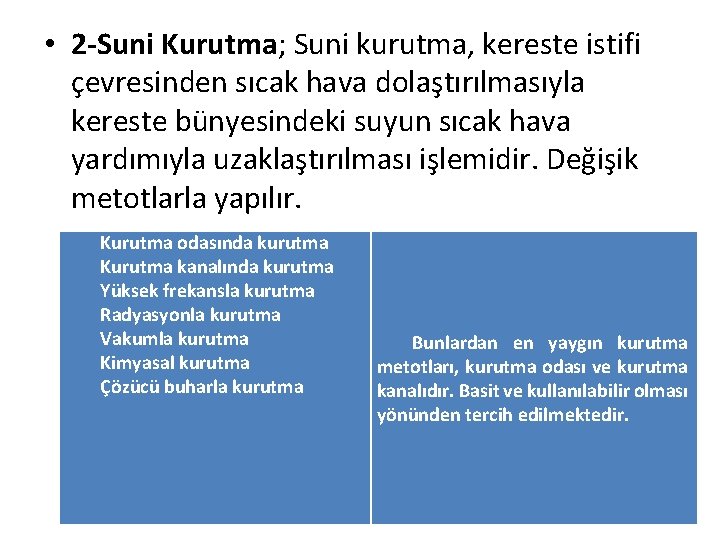  • 2 -Suni Kurutma; Suni kurutma, kereste istifi çevresinden sıcak hava dolaştırılmasıyla kereste