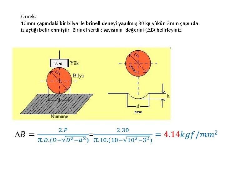 Örnek: 10 mm çapındaki bir bilya ile brinell deneyi yapılmış 30 kg yükün 3