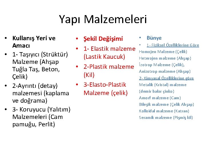 Yapı Malzemeleri • Kullanış Yeri ve Amacı • 1 - Taşıyıcı (Strüktür) Malzeme (Ahşap