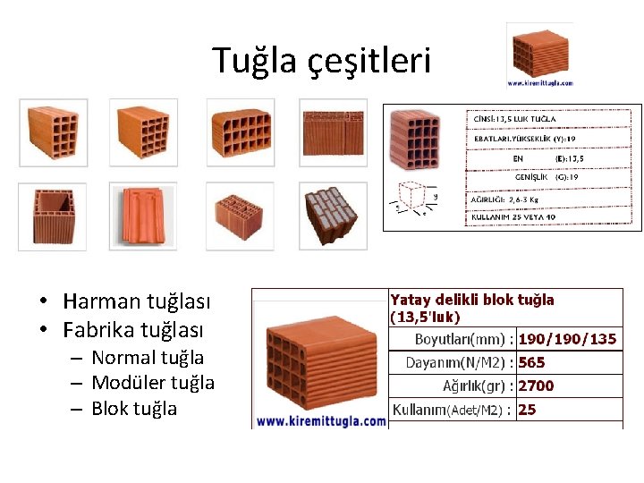 Tuğla çeşitleri • Harman tuğlası • Fabrika tuğlası – Normal tuğla – Modüler tuğla