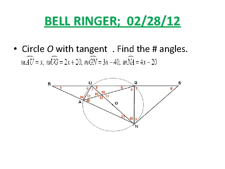 BELL RINGER; 02/28/12 • Circle O with tangent . Find the # angles. 