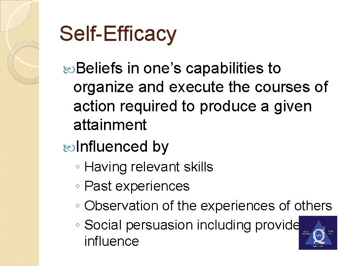 Self-Efficacy Beliefs in one’s capabilities to organize and execute the courses of action required