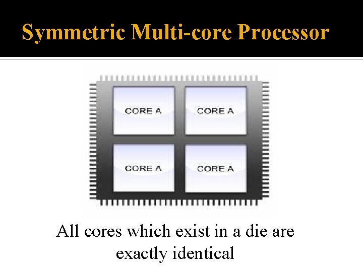 Symmetric Multi-core Processor All cores which exist in a die are exactly identical 