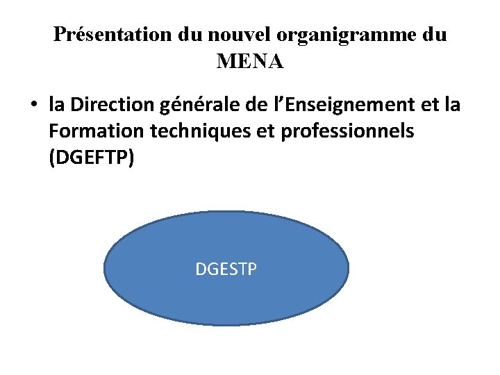 Présentation du nouvel organigramme du MENA • la Direction générale de l’Enseignement et la