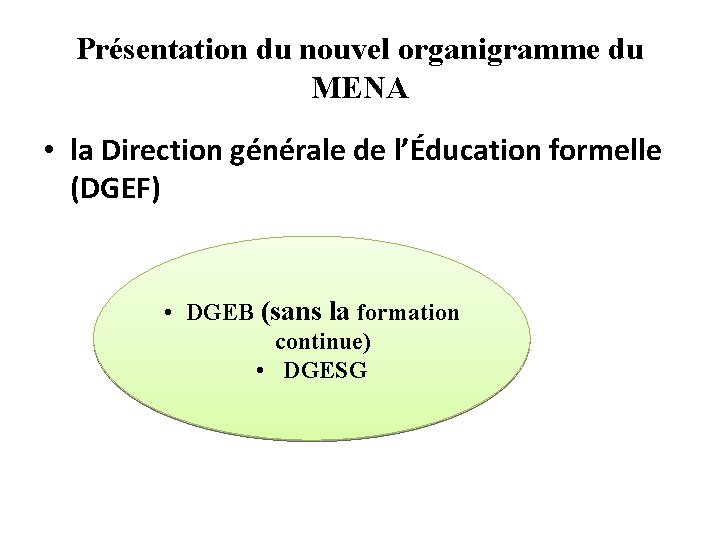 Présentation du nouvel organigramme du MENA • la Direction générale de l’Éducation formelle (DGEF)