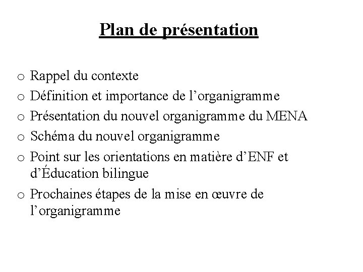 Plan de présentation Rappel du contexte Définition et importance de l’organigramme Présentation du nouvel